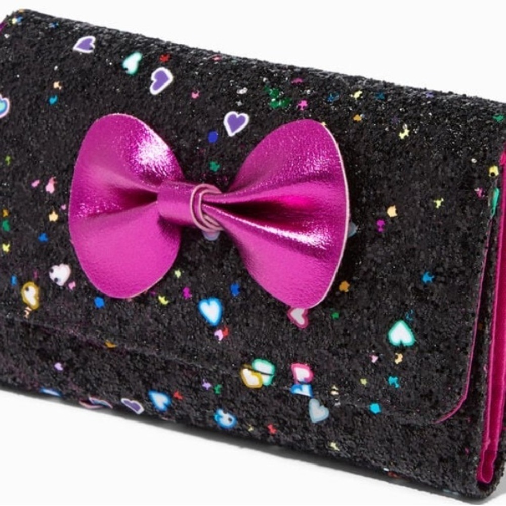 Claire’s Black Glitter Clutch with Pink Bow